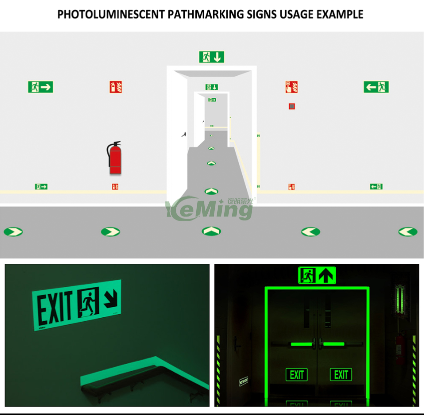 Custom Self Luminous Exit Sign Green Photoluminescent Exit Signs